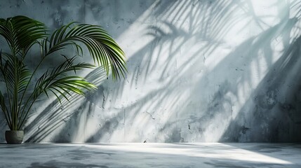 Minimal product placement background with palm shadow on concrete wall Luxury summer architecture interior aesthetic Modern tropical mockup design : Generative AI