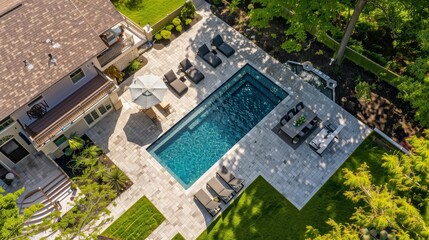 Aerial view: a summer rental home with a pool and outdoor dining for sun-soaked meals.
