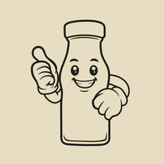 Bottle tomato sauce icon mascot smiling face. Black and white design