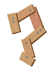 Wooden alphabet font, symbol ? Texture letter isolated on white, vector illustration. Typography typeface made of wooden planks