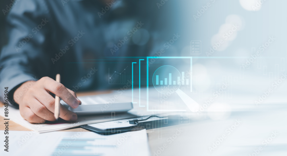 Poster businessman calculating figures in company financial documents with a calculator,analysis of company