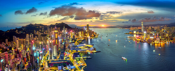 Panorama of Traffic at twilight in Hong Kong.