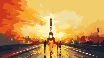 Athletes running at paris 2024 games with eiffel tower backdrop, iconic sports event in france