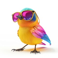 Chic bird in colorful sunglasses, fashion accessory, 3D depiction, isolated on white background
