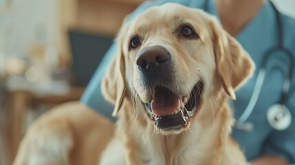 In the veterinary clinic a dog patiently awaits examination while the veterinarian carefully checks him : Generative AI