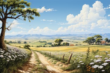 Obraz premium Rural Landscape with a Winding Path and Farmhouse