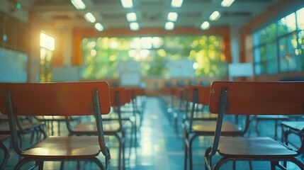 School classroom in blur background without young student Blurry view of class room no kid or teacher with chairs and tables in campus : Generative AI
