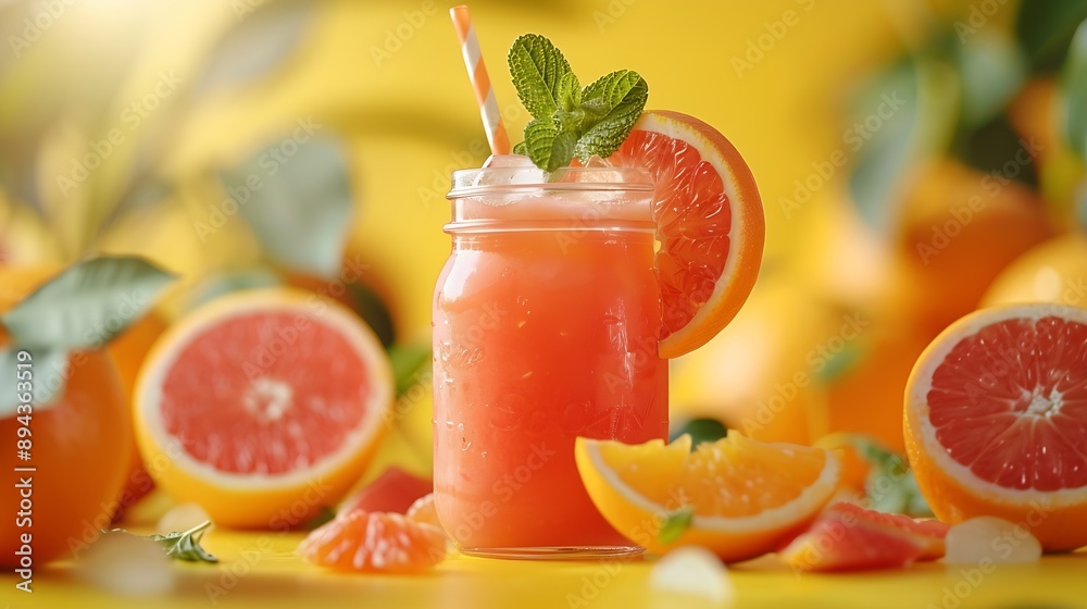 Poster freshly squeezed blood orange juice with ice mint and a slice of fruit in a jar on a yellow backgrou