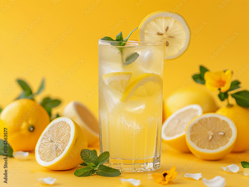 Sticker refreshing glass of lemonade with lemon slices and mint leaves on yellow background