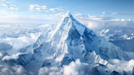 Obraz premium Majestic snow-covered mountain peak surrounded by clouds, nature's landscapes in an alpine setting.