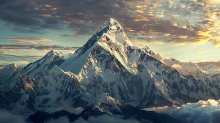 Majestic snow-covered mountain peak at sunrise with colorful sky and dramatic clouds, beauty of nature's landscape.