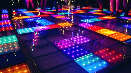 Vibrant Dance Floor with Colorful Lights and Energetic Atmosphere