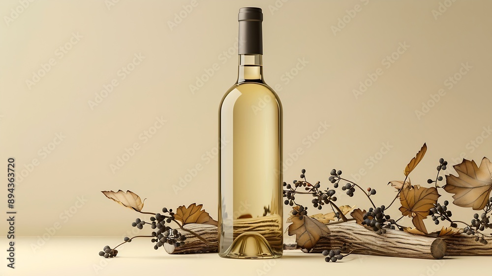 Poster bottle of white wine with a composition of old plank dry snags and dried vine leaves neutral beige b