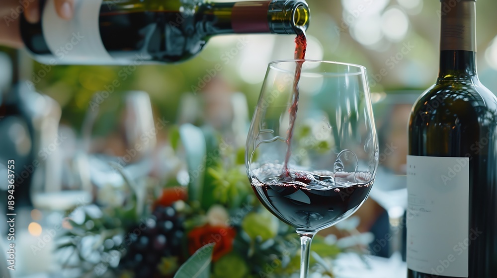 Poster man pouring red wine into glass at white table selective focus : generative ai