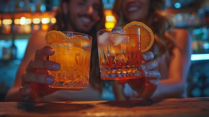 Couple drinking cocktail with slice of orange Bride and groom holding cocktails Man and woman hands hold fresh juice in glass on bar counter at night club Honeymoon concept after weddi : Generative AI
