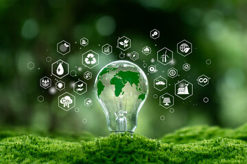 Green map in light bulb with renewable energy icon. Carbon emission low neutral, net zero, ESG, sustainable Environment.green energy. World Environment Day. Green business.