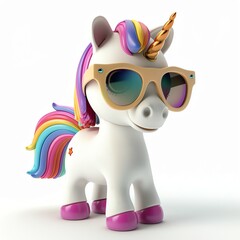 Fashionable pony in rainbow sunglasses, cute mammal, 3D rendering, isolated on white background