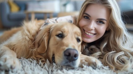 Saving memories with pet Smiling woman with blond hair snuggling to furry friend and taking selfie on modern cell phone Obedient golden retriever lying on floor near delighted female o : Generative AI