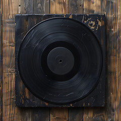 Top-Down View of Classic Vinyl Record on Textured Wooden Surface Evoking Nostalgia and Timeless Musical Charm