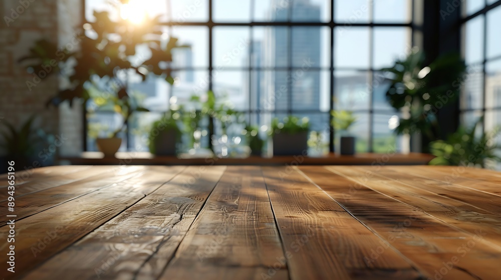Aufkleber Empty office wooden desktop with empty space on modern boardroom with large window background closeup mock up : Generative AI