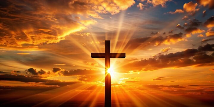 Silhouetted Christian cross stands alone against a vibrant orange morning or evening sky with a bright sun, symbolizing faith, hope, and spiritual connection.