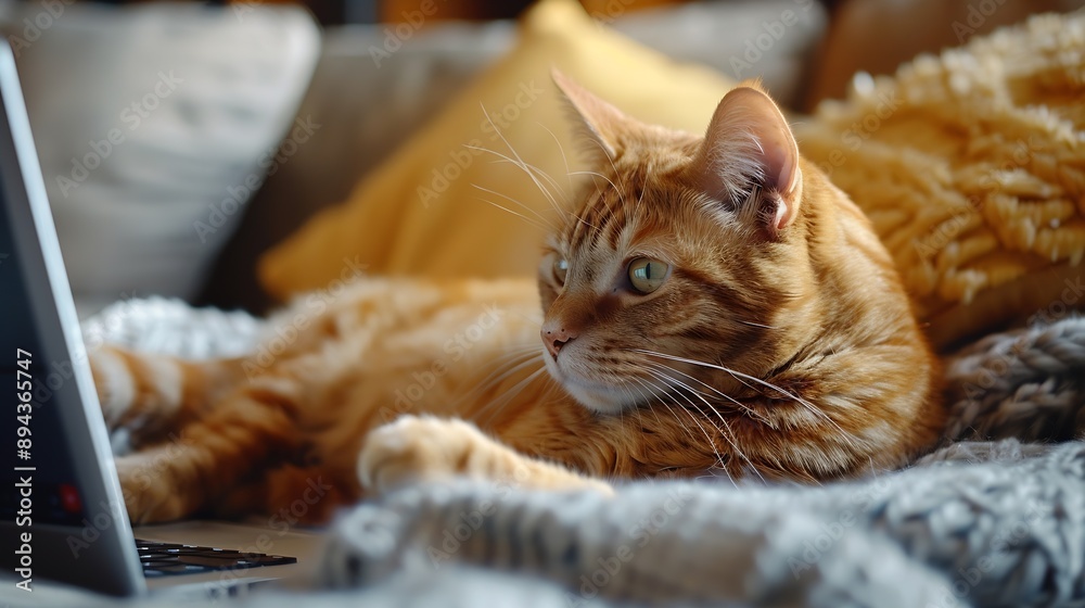 Poster Man working online from home with pet using laptop Ginger cat looks at screen interested in computer Interrupting while working on internet : Generative AI