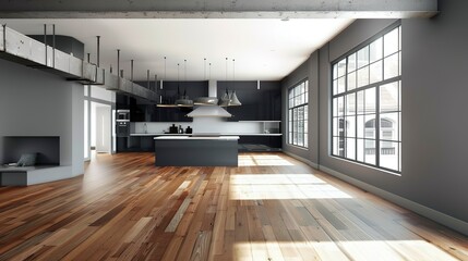 Obraz premium Modern empty loft style apartment with gray walls and wooden flooring 