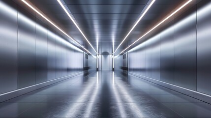 Naklejka premium empty space in spacious corridor with gray floor and walls surrounded by glowing lights