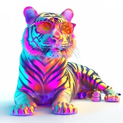 Stylish tiger with rainbow shades, trendy animal, 3D art, isolated on white background