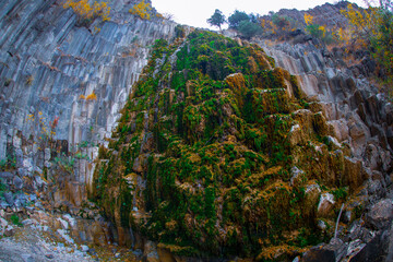 Basalt Rocks in Boyabat District. Sinop, Turkey. Volcanic rock outcrops in the form of columnar...