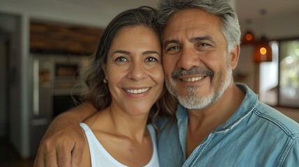 Happy romantic mature older Latin man and woman in their 50s smiling affectionate loving middle aged couple hugging looking at camera standing together in modern kitchen at home Portra : Generative AI