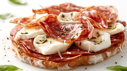 Delicious roman pinsa with mortadella and buffalo mozzarella isolated on white background italian food : Generative AI