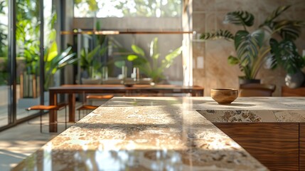 Luxurious Interior of kitchen with wooden dining table counter made from marble and window Dining room with space and wooden cabinet and furniture : Generative AI