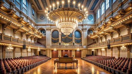 Obraz premium Rows of vacant seats face a majestic stage adorned with intricate chandeliers, gleaming organ pipes, and a grand piano, awaiting a symphonic performance.