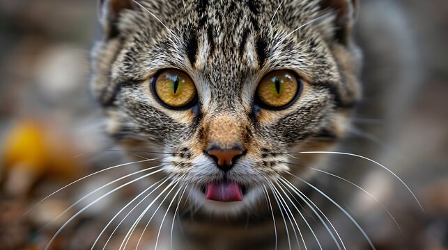 funny cat pixie bob species village cat looking very curious  naughty into lensCute Pixiebob  with yellow eyesThis  breed is a mix between a common cat Lovely fluffy cat licking lips : Generative AI