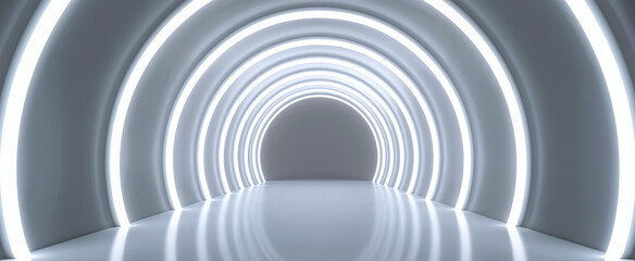 Obraz premium empty white futuristic tunnel with glowing light and reflections on the floor. Background for presentation, technology concept