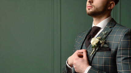 Elegant groom adjusting green suit jacket with boutonniere