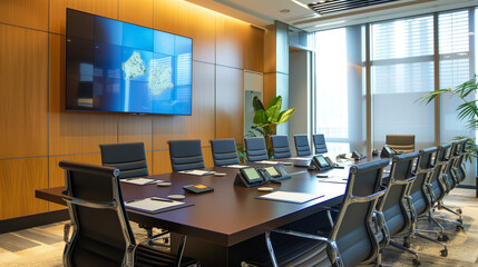 Corporate training session with global virtual group on TV screen in boardroom