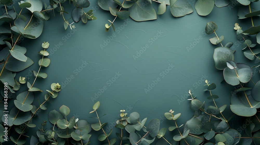 Poster Eucalyptus branch and leaves frame and creative layout on green background Top view flat lay Floral composition Design element Color card : Generative AI