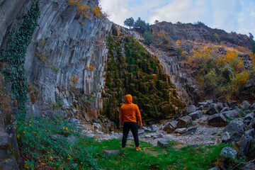 Basalt Rocks in Boyabat District. Sinop, Turkey. Volcanic rock outcrops in the form of columnar...