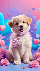 3d fluffy cute puppy sitting surrounded by flowers floral hearts. Background - small scattered hearts in pink, purple, blue colours. Vertical photo