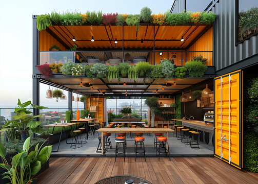 a beautifully designed cafe created from a converted shipping container, mobile, house, captivating, Shipping Container Tiny Home, steel containers, supreme quality, superior lightin