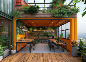 a beautifully designed cafe created from a converted shipping container, mobile, house, captivating, Shipping Container Tiny Home, steel containers, supreme quality, superior lightin