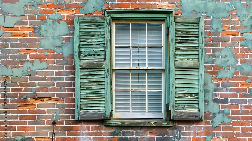 Wall mural Old house brick wall with new window and fixed decorative shutter Brighton MA USA : Generative AI