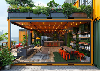 Fototapeta premium a beautifully designed cafe created from a converted shipping container, mobile, house, captivating, Shipping Container Tiny Home, steel containers, supreme quality, superior lightin