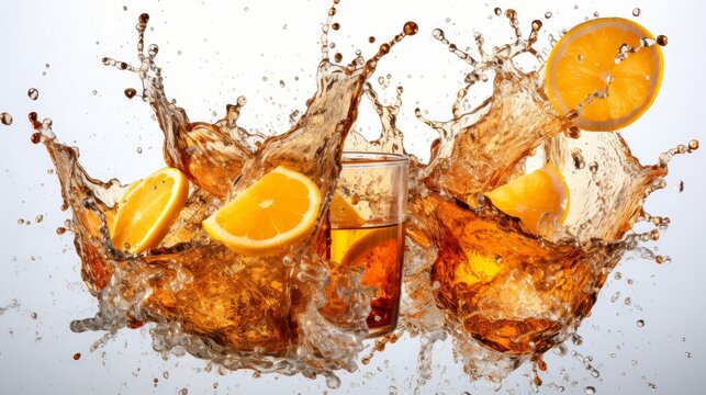 Long island iced tea cocktail with orange wedges on white background and citrus splash