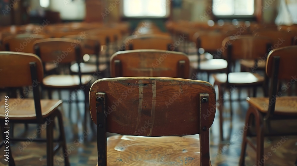 Poster empty classroom with a lot of chair with no student empty classroom with vintage tone wooden chairs 