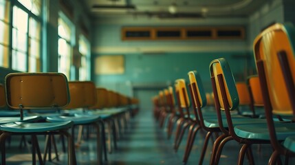 The concept of graduating from high school Upsidedown chairs in an empty classroom at the school : Generative AI