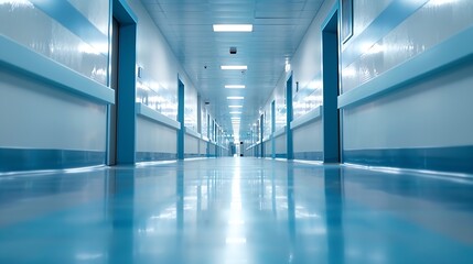 Fototapeta premium Blur abstract background of corridor in clean hospital Blurred view of aisle in office with light floor Blurry lobby and waiting area in hotel Defocused empty area for event hall in sh : Generative AI