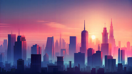 Abstract Cityscape at Dusk, Gradient Colors, Silhouette Skyline, Background